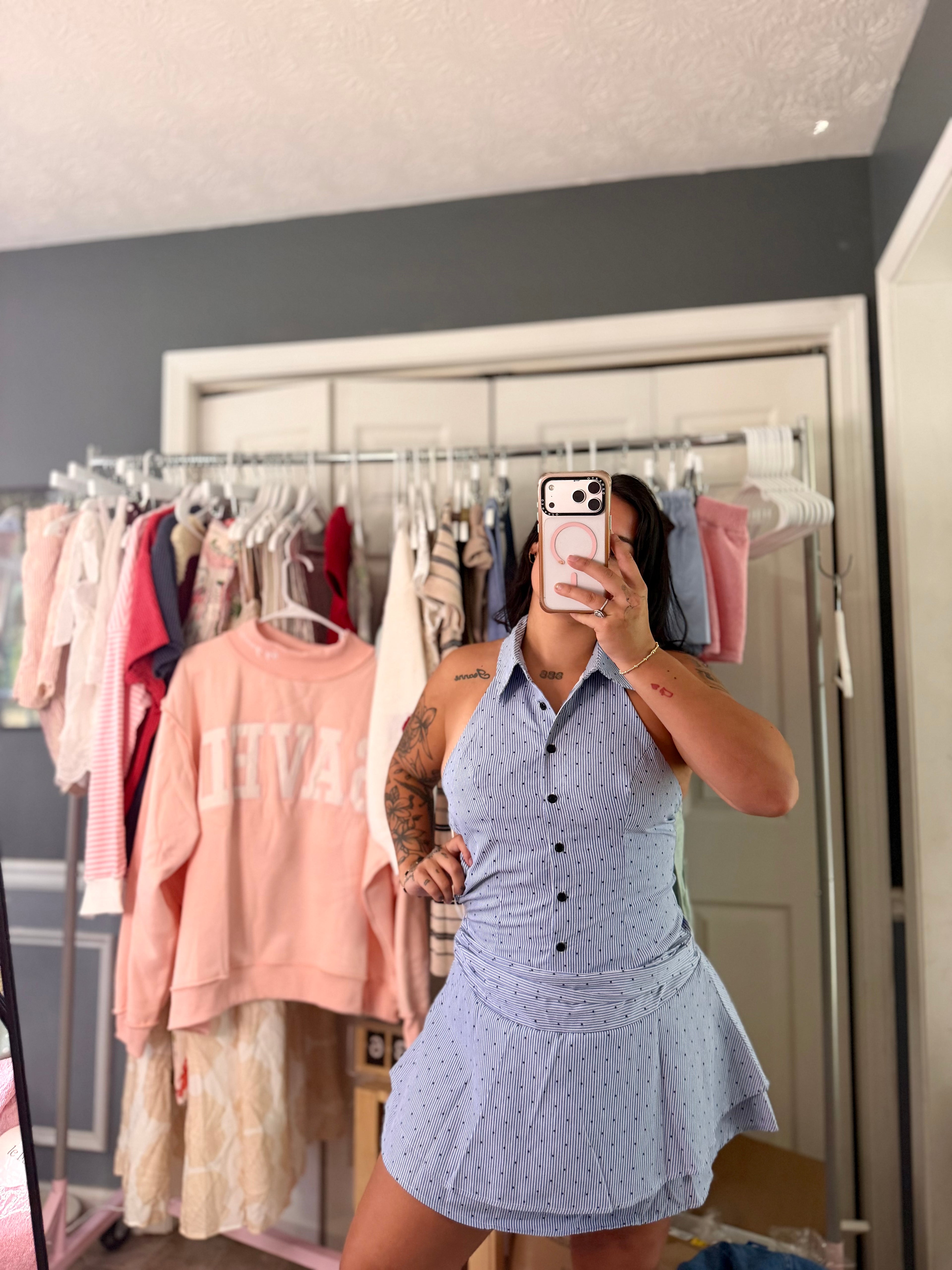 Blue Stripe/Polka Dot Collared Open Back Dress (built in shorts)