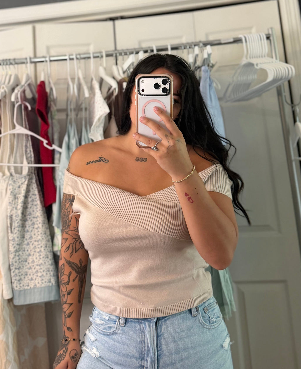 Tan/Mocha Criss Cross Off Shoulder Sweater Top