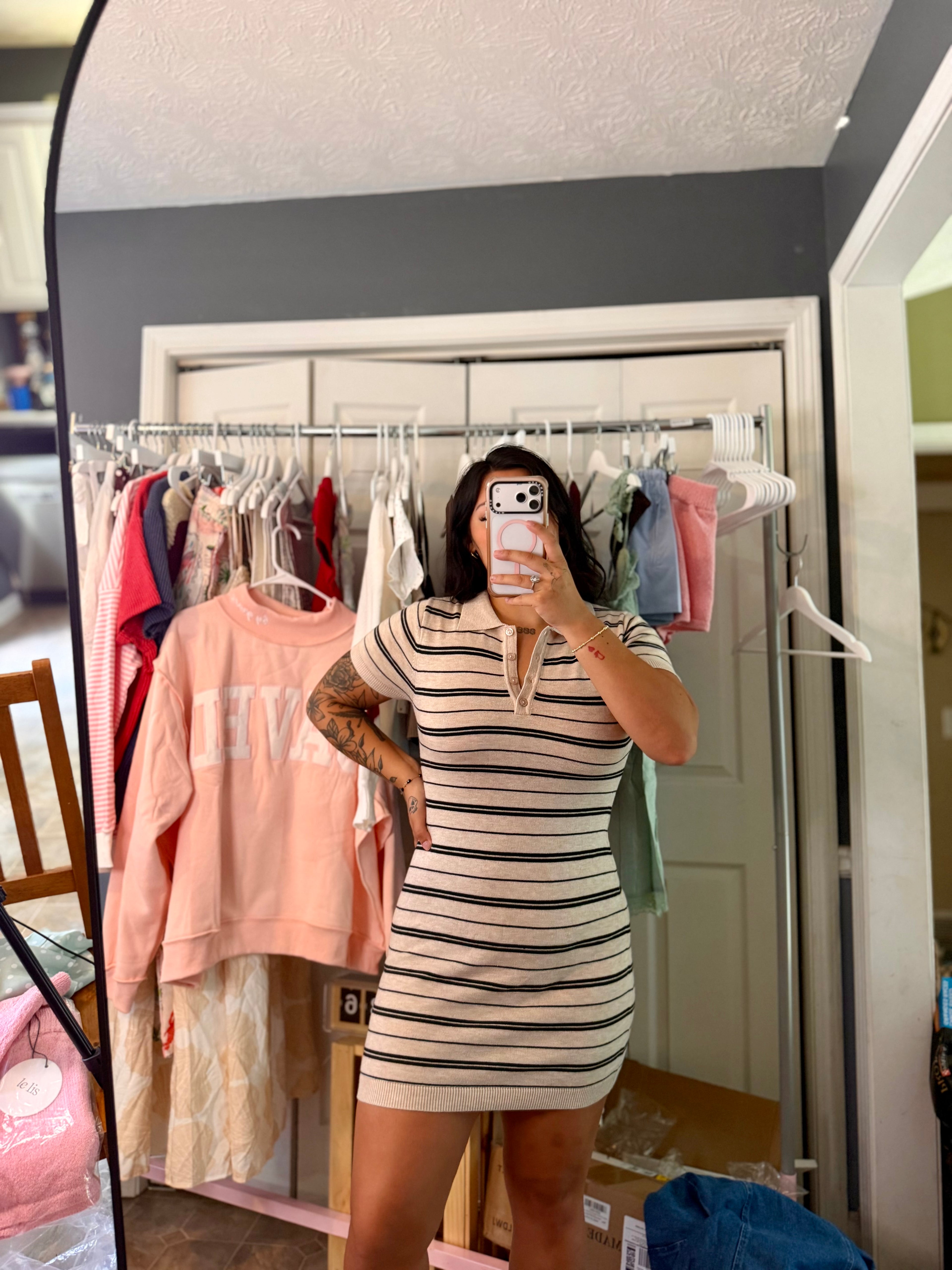 Brown Striped Collared Knit Dress