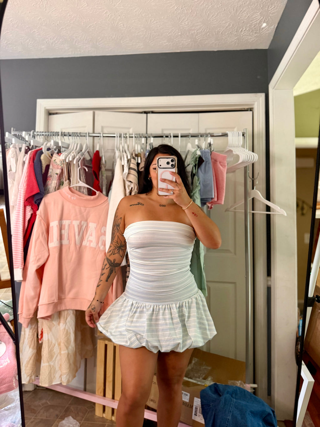 Off Shoulder Stripe Bubble Dress