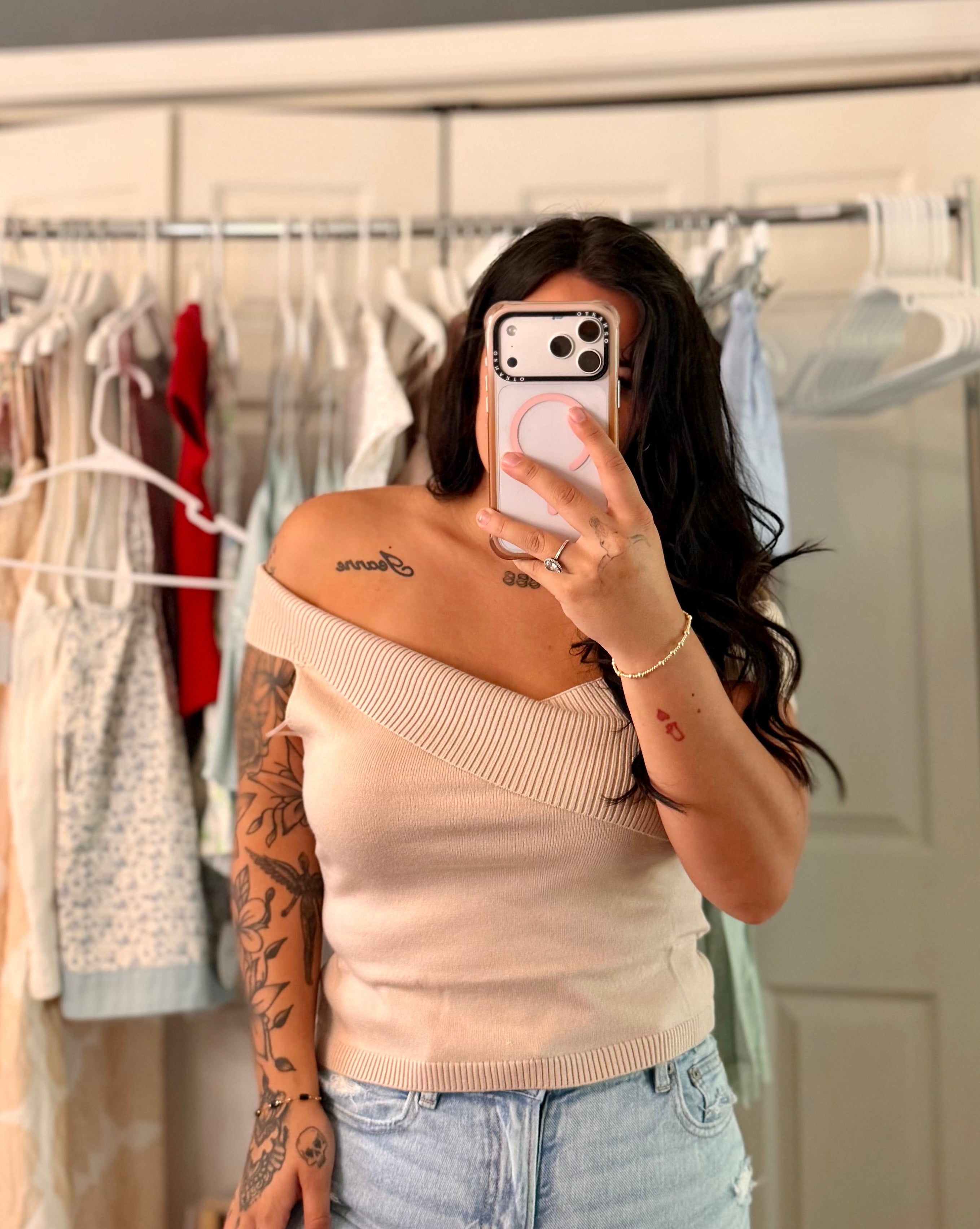 Tan/Mocha Criss Cross Off Shoulder Sweater Top