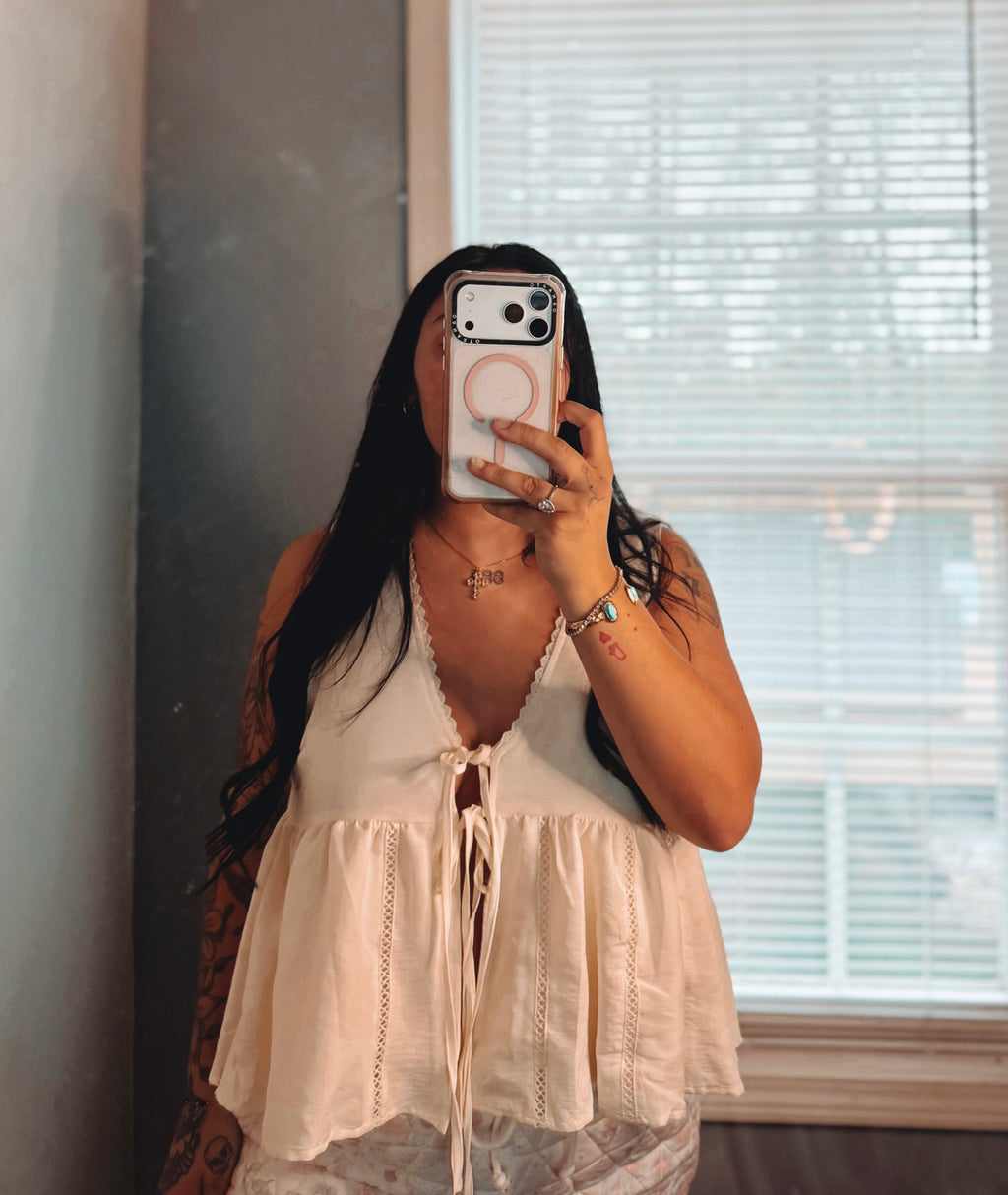 Off White Lace Trim Tie Front Top