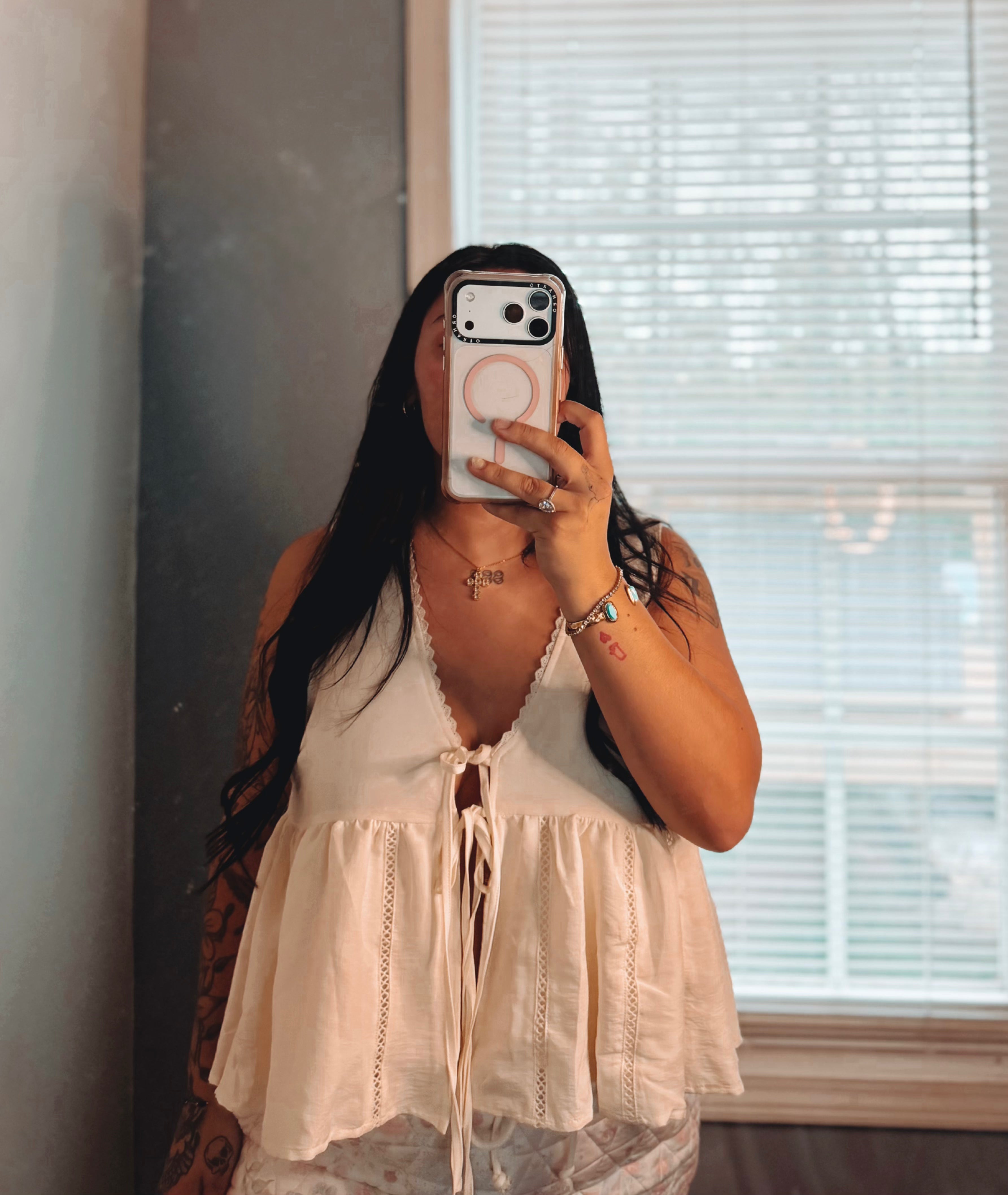 Off White Lace Trim Tie Front Top
