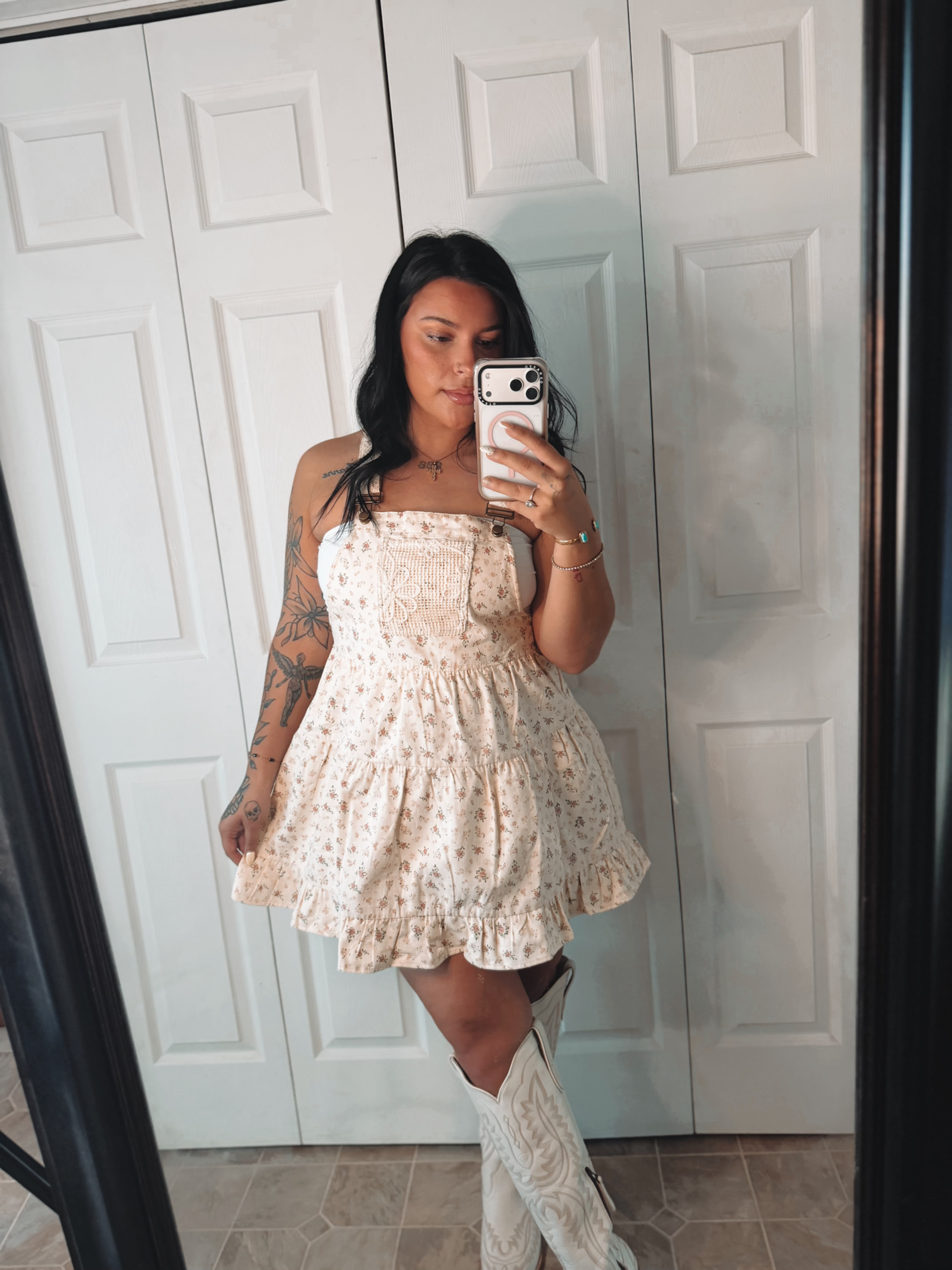 Lace Detail Floral Printed Overall Mini Dress