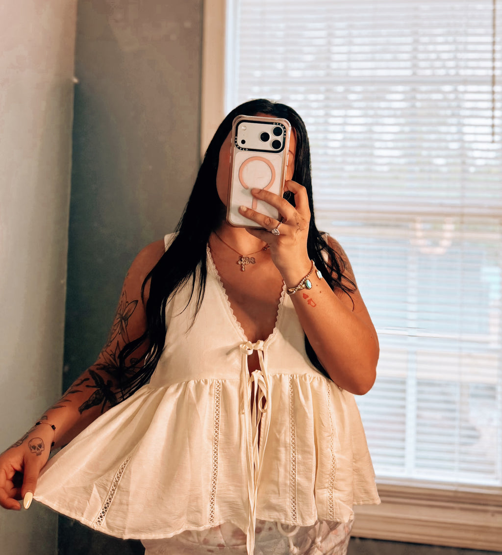 Off White Lace Trim Tie Front Top