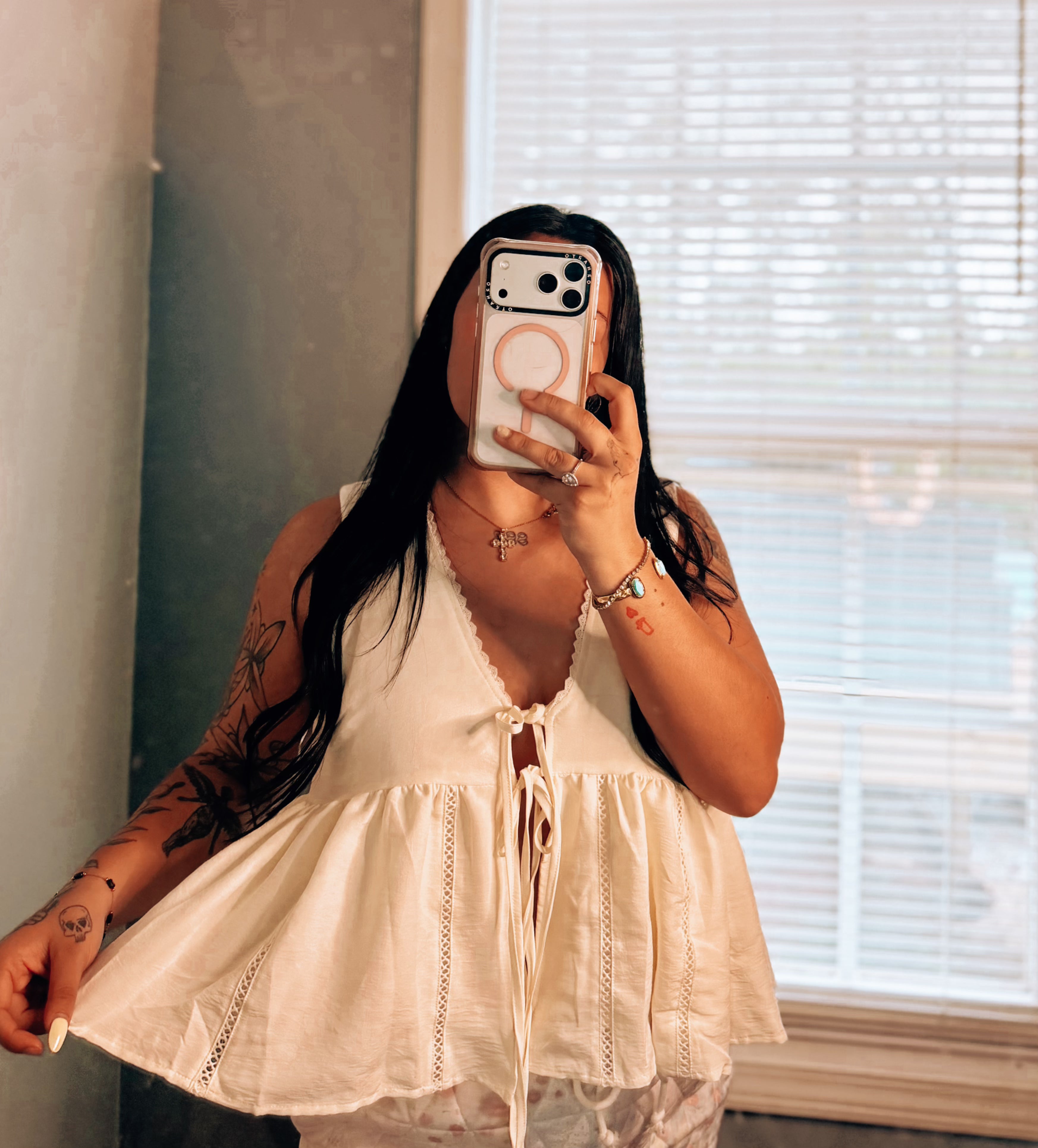 Off White Lace Trim Tie Front Top
